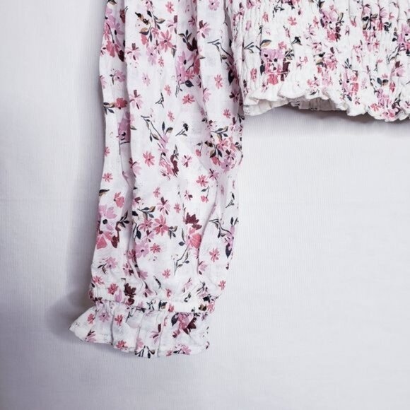 American Eagle White & Pink Floral Smocked Crop Bodice Blouse Top Womens Size XL - Picture 4 of 9